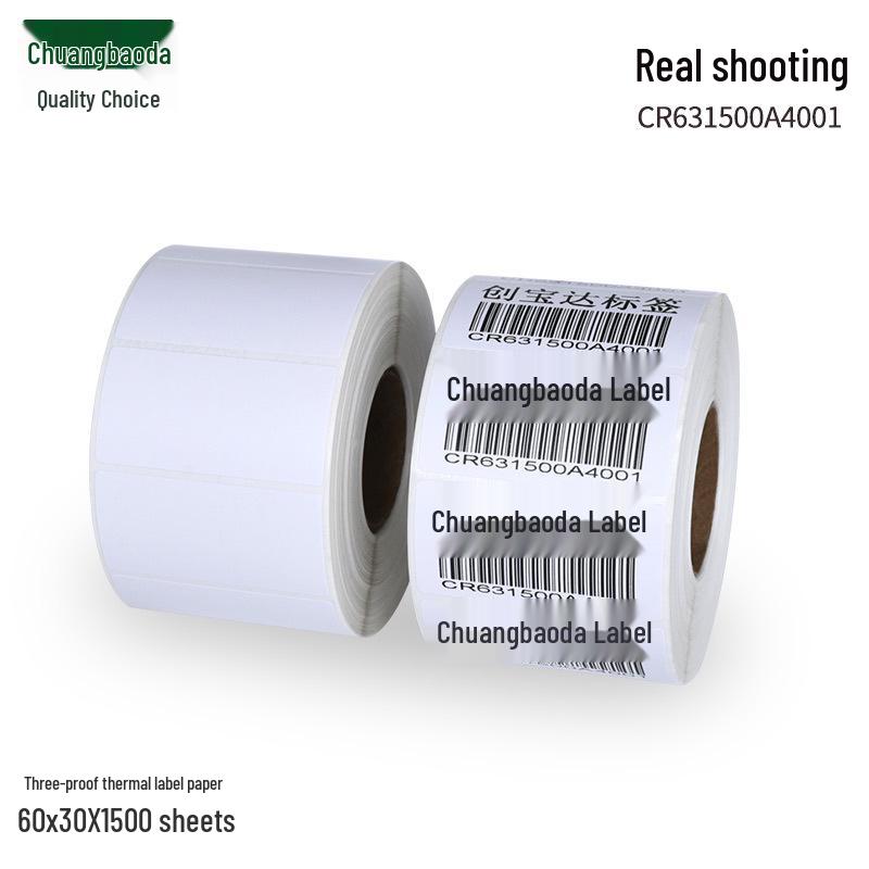 Durable Thermal Label Paper 60x30mm, 1500pcs - Waterproof, Oil-proof, Scratch-proof