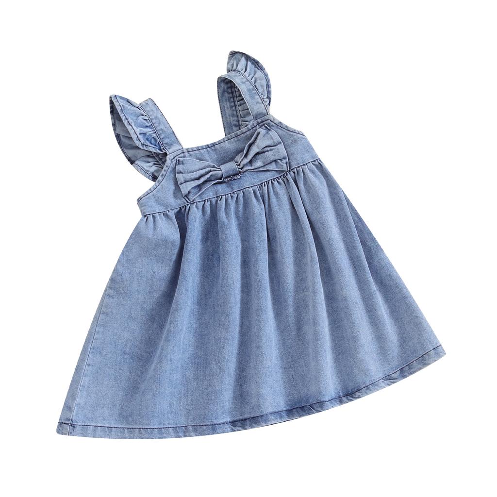 Sukienka dżinsowa dla dziewczynek, jednolita, z kokardą, bez rękawów, rozkloszowana, księżniczki, na imprezę na plaży, urocze ubrania