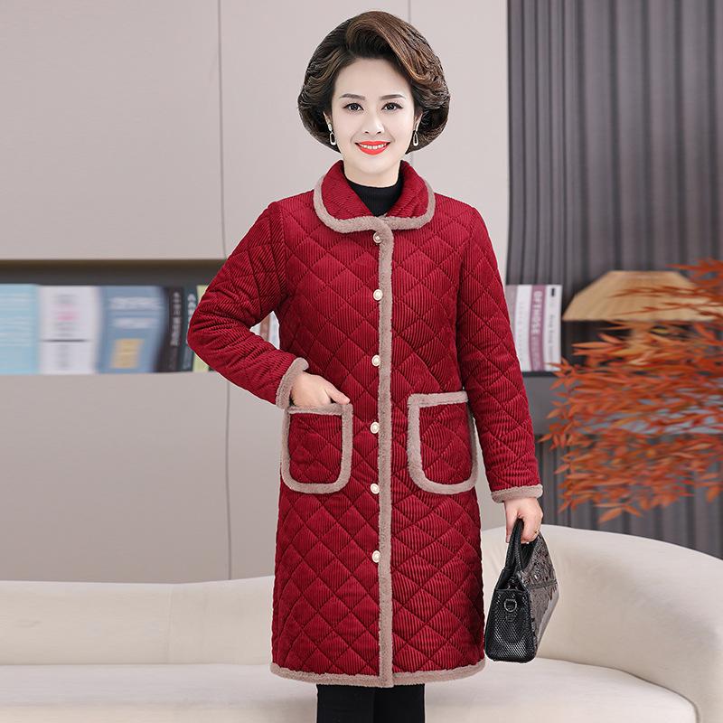 Cozy Plaid Fleece-Lined Jacket for Elderly Women - Mid-Length Winter Coat for Grandmothers
