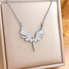 Gradient Diamond Feather Sword Pendant Necklace with Angel Wings Design
