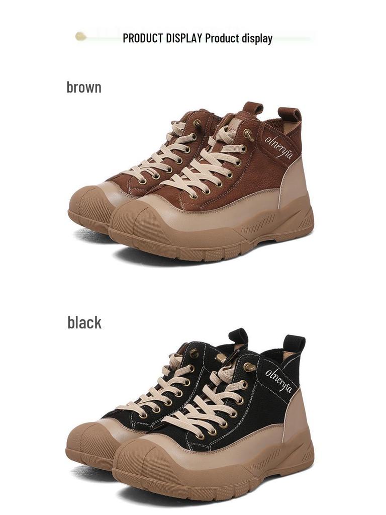Golden Rabbit Genuine Leather High-Top Thick-Soled Women's Sneakers - 2025 Autumn/Winter Round-Toe Lace-Up Sports Casual Shoes.