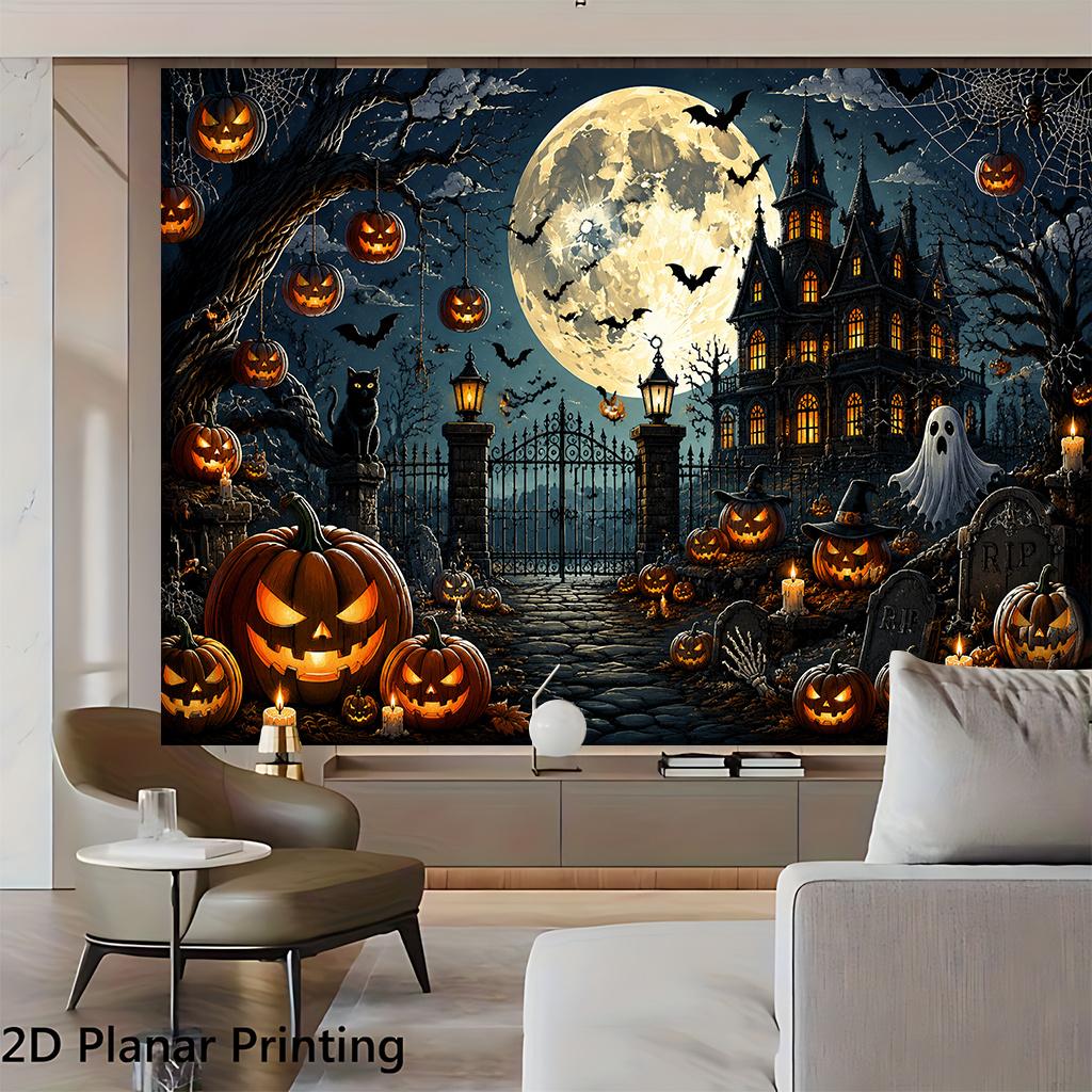 1 piece of 2D flat banner, 14 Halloween pumpkin haunted house, indoor and outdoor courtyard decoration background clothzyc