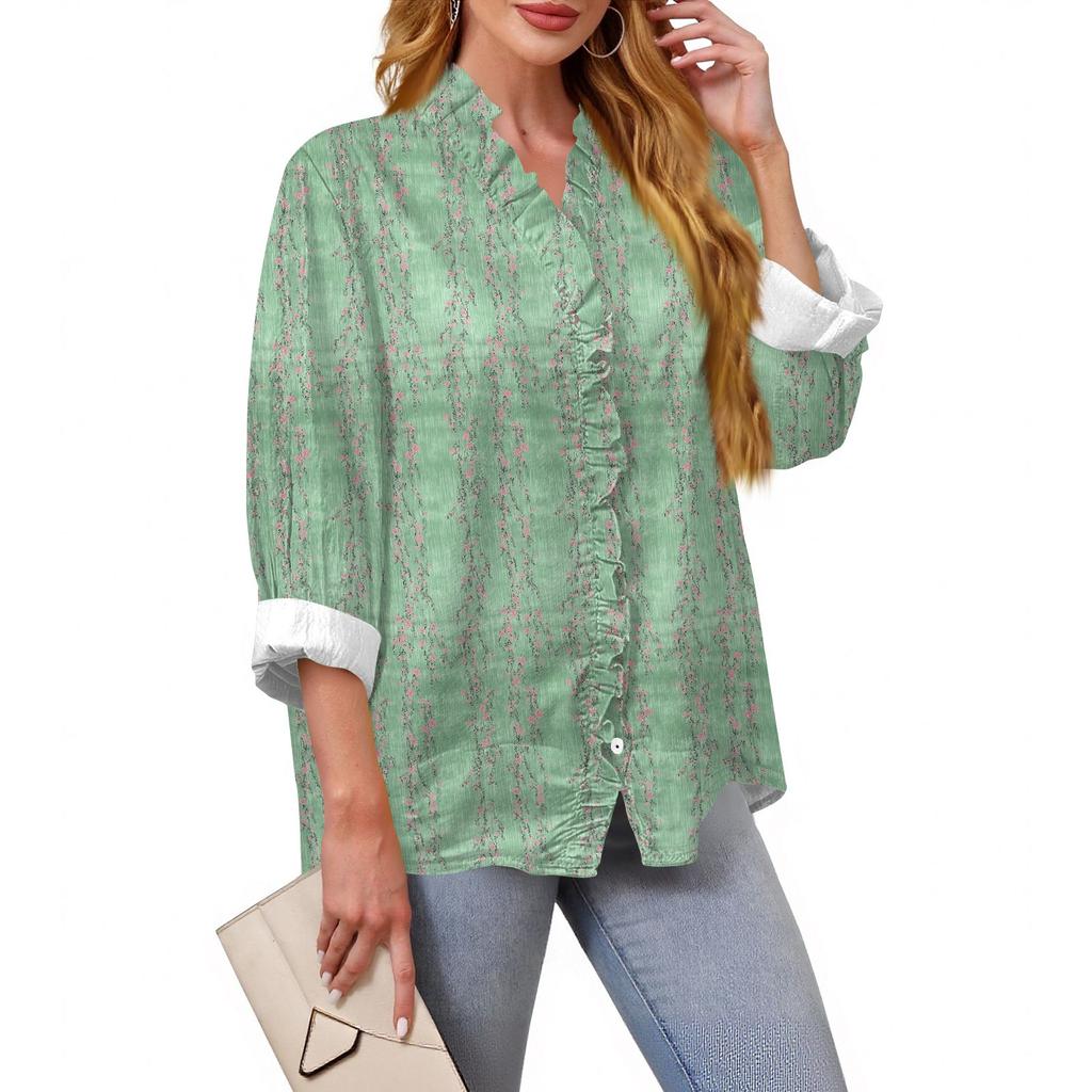 Women's Loose Ruffled Retro Floral Print Stand Collar Long Sleeve Cotton And Linen Top