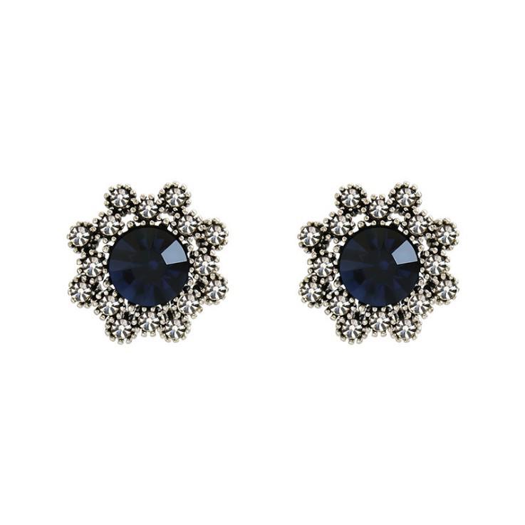 European  American Fashion Flower Crystal Rhinestone Sapphire Stud Earrings for Women