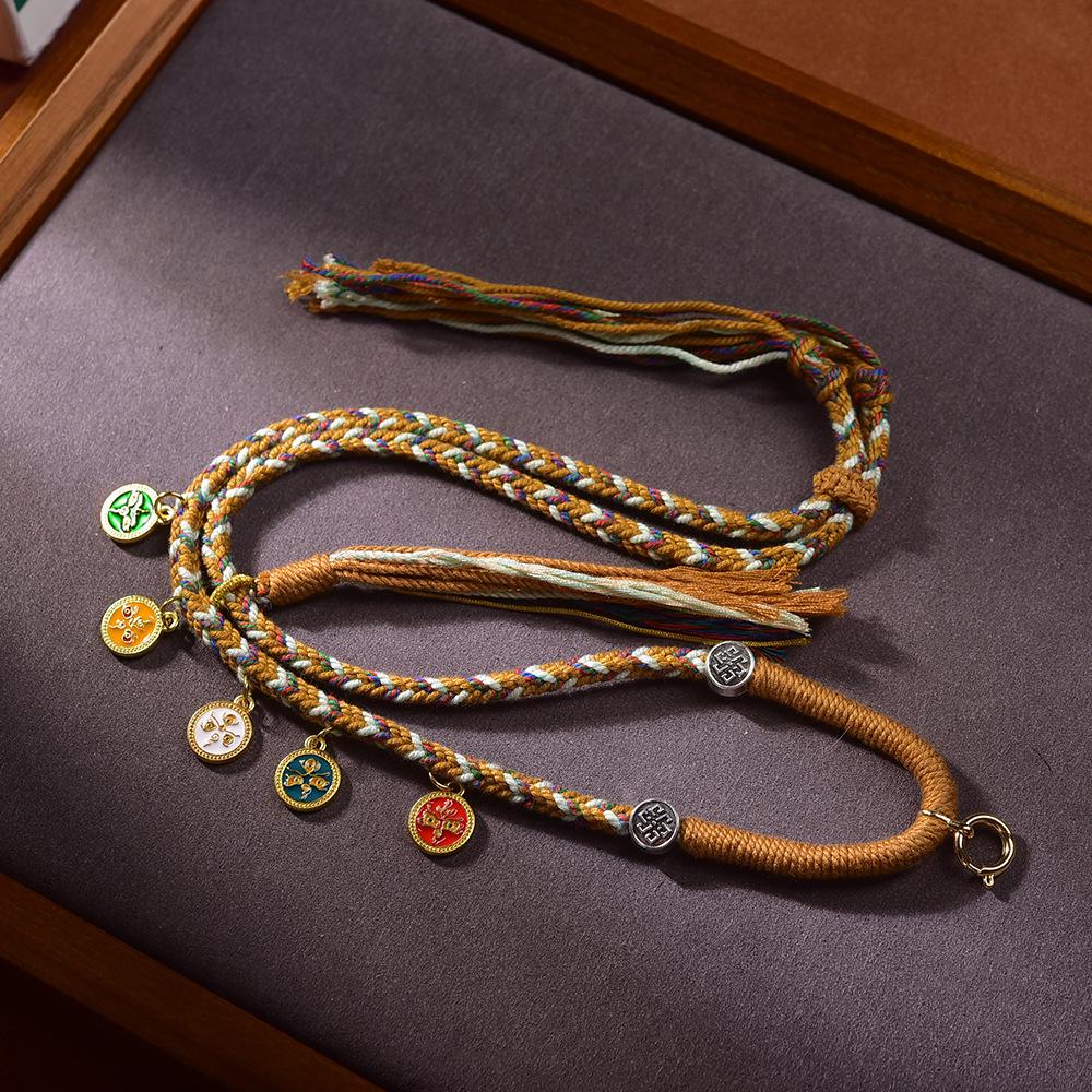 Tibetan Five Wealth Gods Hand-woven Thangka Necklace with Adjustable Multi-color Lanyard