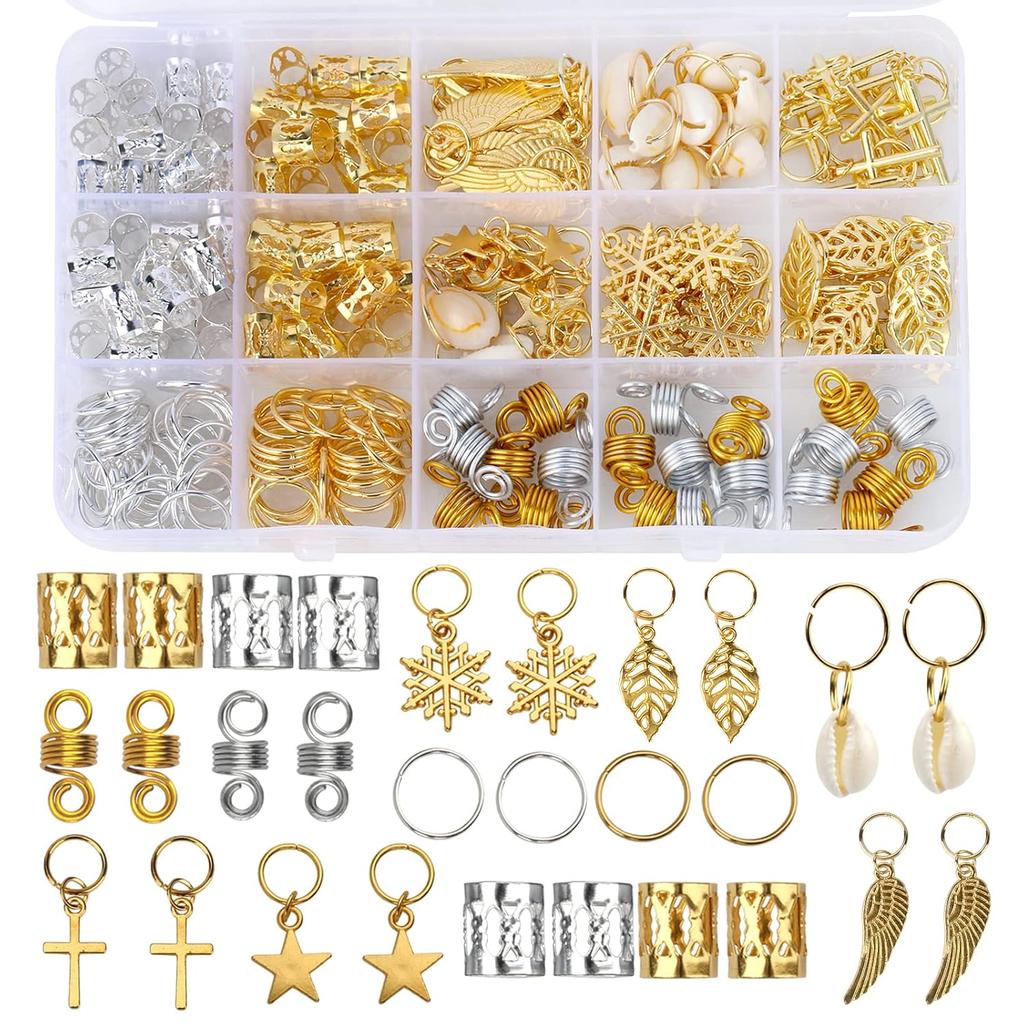 200PCS Hair Beads for Women Braids, Loc Jewelry for Hair, Dreadlocks Accessories, Metal Gold Silver Clips Cuffs Coils Shells Rings for Hair Braiding