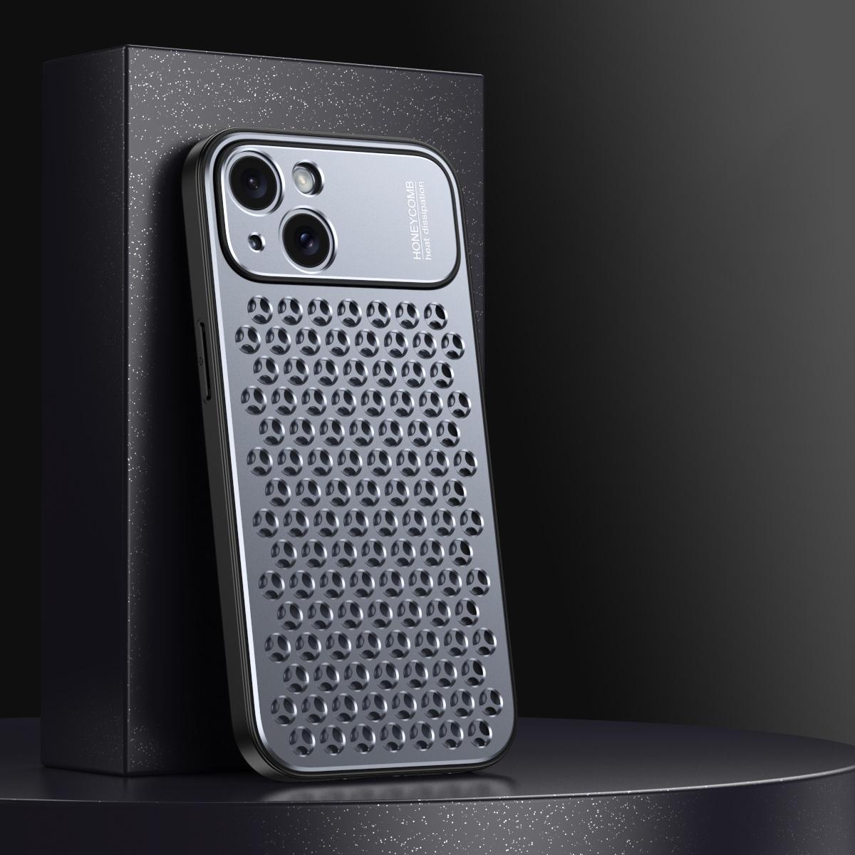 

For iPhone 15 Case Aluminum Alloy+TPU Honeycomb Heat Dissipation Phone Cover Grey