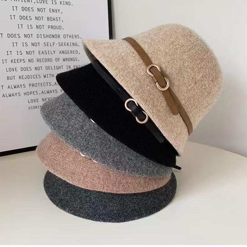 Belt Wool Hat Women's Autumn and Winter Fashion Simple Small Edge Bucket Hat Women's Face Small Dome Basin Hat Versatile