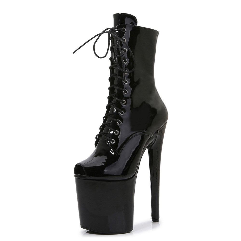 20cm Sexy Women Bright Patent Leather Low Boots High Heel Stiletto Peep Toe Boots Pole Dancing Shoes Club Shoes