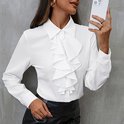 Elegant Ruffled Splicing Loose Chiffon Shirt Women's Long Sleeved Office Blouse Sweet Lapel Fashion Spring Autumn Casual Solid Color Tops New Clothes