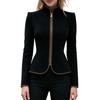 Women's Elegant Stand Collar Zip-Up Slim Fit Short Jacket with Gold Trim for Work