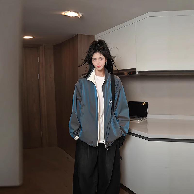 Unisex Retro Reversible Color Print Windbreaker Jacket 