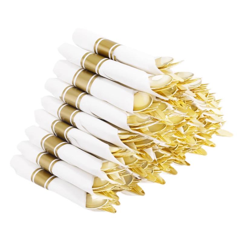 Gold Disposable Cutlery Set: Plastic Knife, Fork, Spoon, and Napkin – Ideal for Wedding Parties and Catering 
