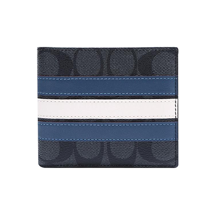 New COACH 3 IN 1 Wallet Canvas With Leather 3 in 1 Wallet Men's Old Flower Black/Blue White Stripes 3008-QBOH0