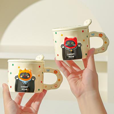 Niedliche Katze Keramiktasse mit Deckel Löffel Kaffee Wasser Tasse Paartasse Souvenir Geschenk Hohes Aussehen