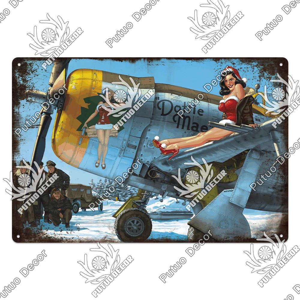 Putuo Decor Fighter Plane Vintage Tin Sign Plaque Metal Plate Retro Posters Wall Art Decoration for Garage Man Cave Pub Bar Club