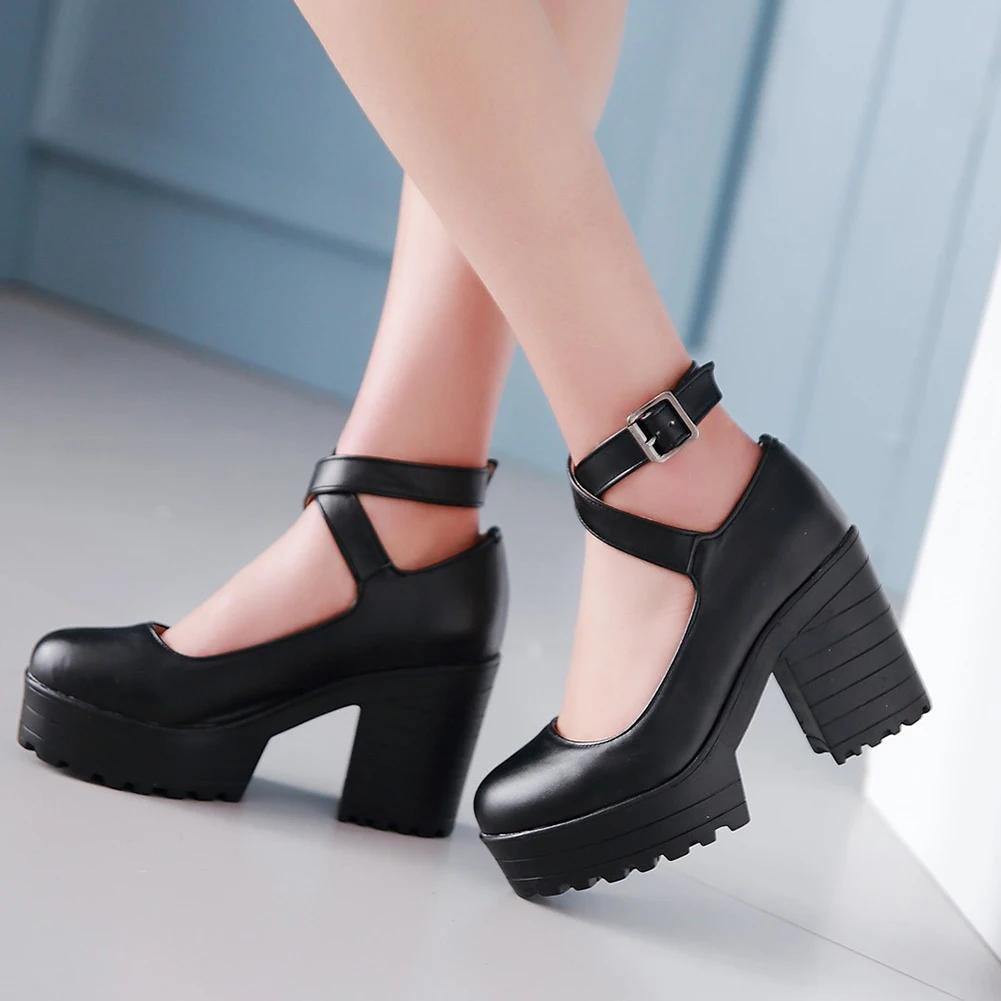 Fashion 2025 Thick Heels Ankle Strap Platform Women Pumps Spring Fall Leisure Female Punk Goth Round Toe Casual Black Shoes for Women