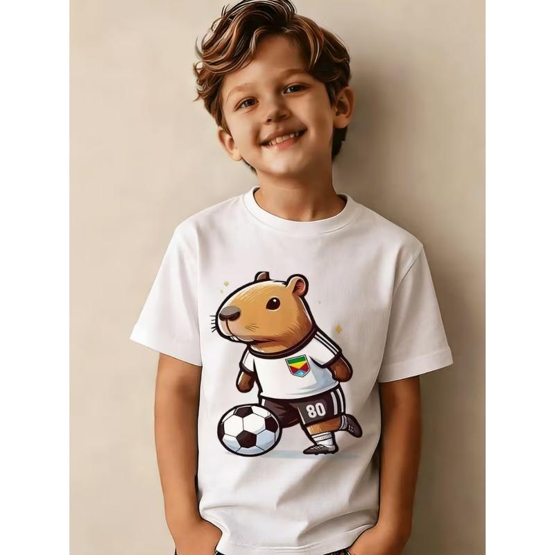 European Sizes Cute Cartoon Capybara Kicking Soccer T-Shirt for Kids And Children - Light Brown Capybara with Dark Brown Nose