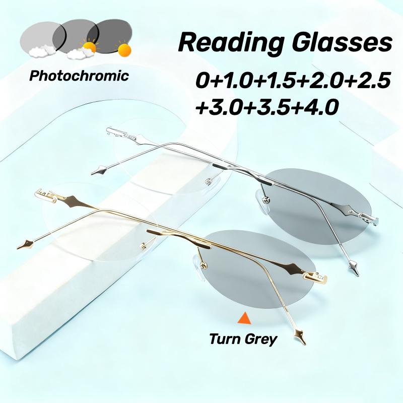 Ultra lekkie modne okulary do czytania fotochromowe z plusowymi mocami Luksusowe bezramkowe owalne okulary anty-niebieskie na prezbiopię
