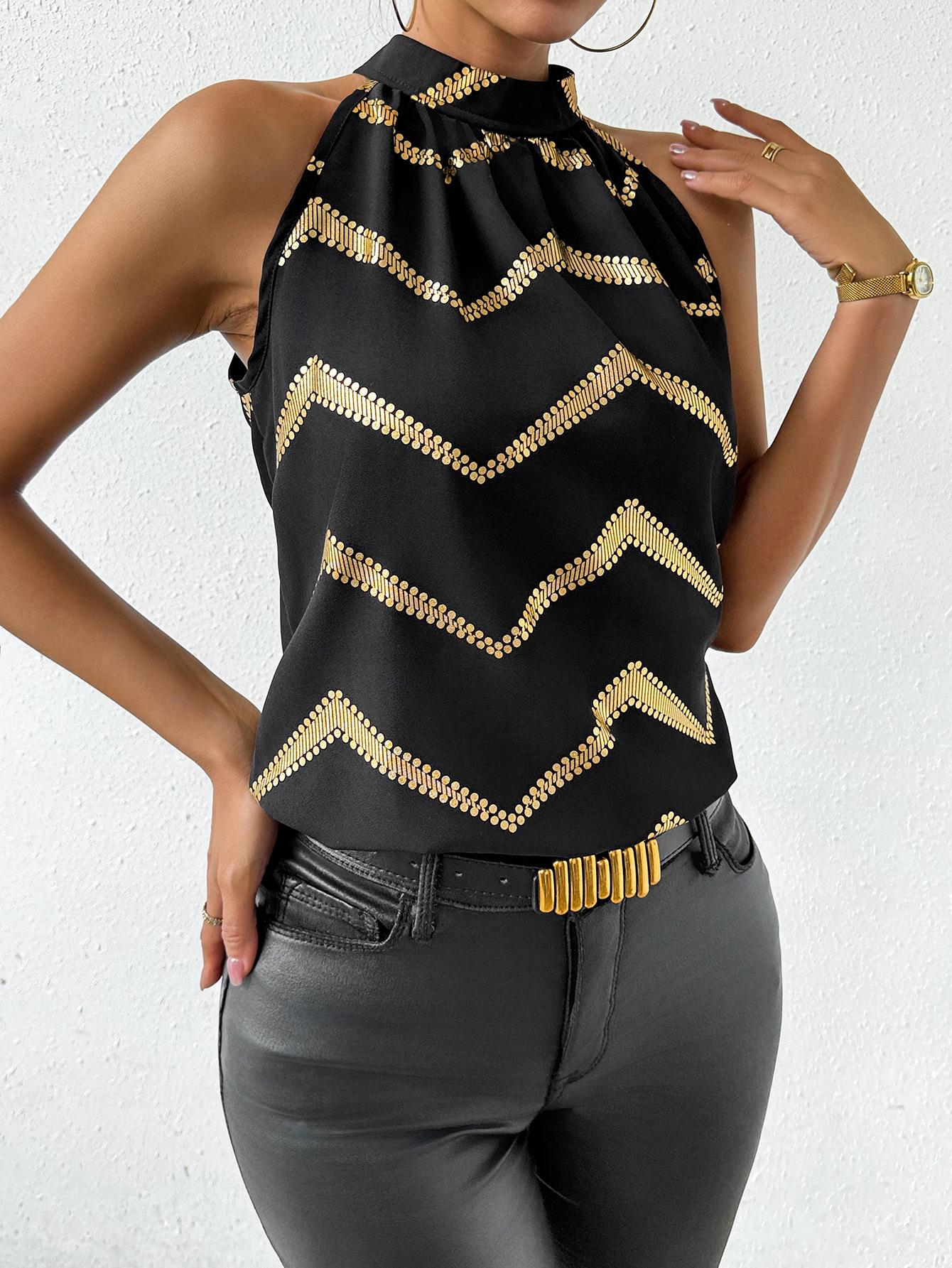

European Light Luxury Black Gold Wave Halter Top - Slimming, Chic Women s Niche Design 2X Large чёрный