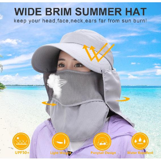 Women Wide Brim Face Mask Sun Hat Detachable Neck Face Flap Ponytail UV Protection Visor Hat Garden Fishing Hiking