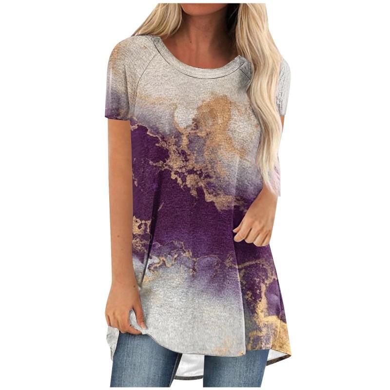 Womens Casual Short Sleeve T-Shirt With Starry Sky Digital Print Loose Fit Long Length Top 2025