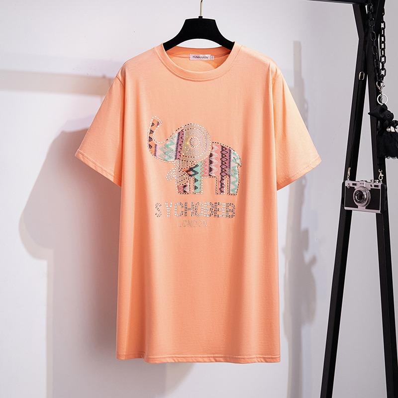 Plus Size Women S Rhinestone Loose Mid Length Short Sleeve T Shirt