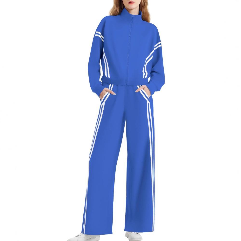 Women's Zip‑Up Stand Collar Striped Side Wide Leg Pants 2‑Piece Tracksuit Set