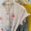 Women's 2025 Summer Slimming Printed Round Neck T-Shirt with Straight Shoulder Design and Short Sleeves