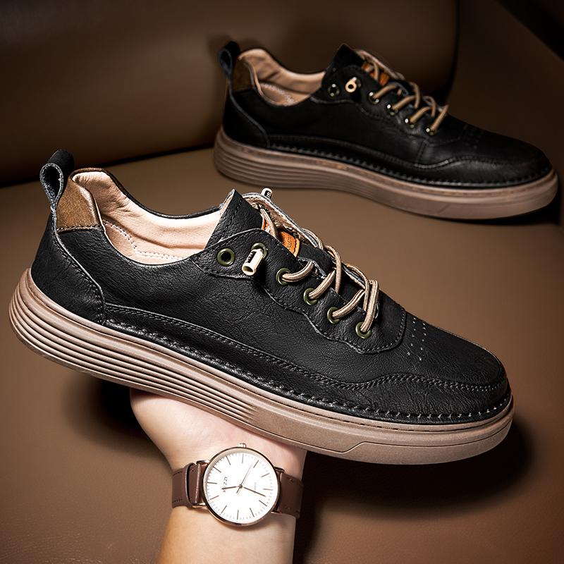 Mens Board Sneakers Lace Up Spring Autumn Mens Casual Shoes Men Genuine Leather Shoes Soft Bottom Men Brown/ Black/beige Shoes