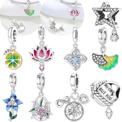 Charms Originales Cobre Rosa Flor de Loto Azul Iris Colgante Corazones Cuentas Ajuste Pulsera Joyería para Mujer Diy Accesorio de Regalo Fino