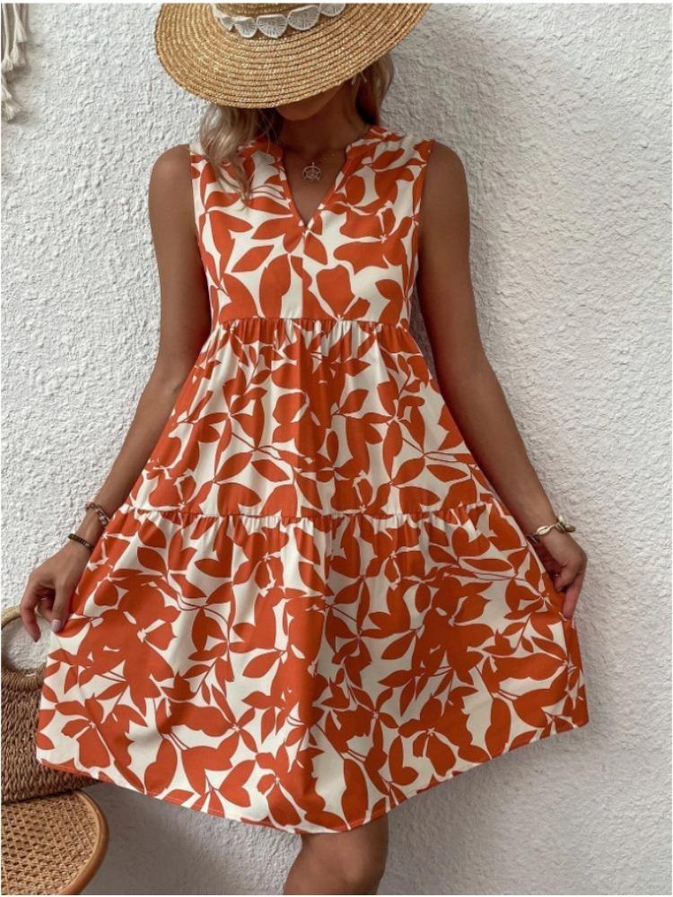 Sommermode Böhmisch Bedrucktes Plisseekleid Damen Locker V-Ausschnitt Lässig