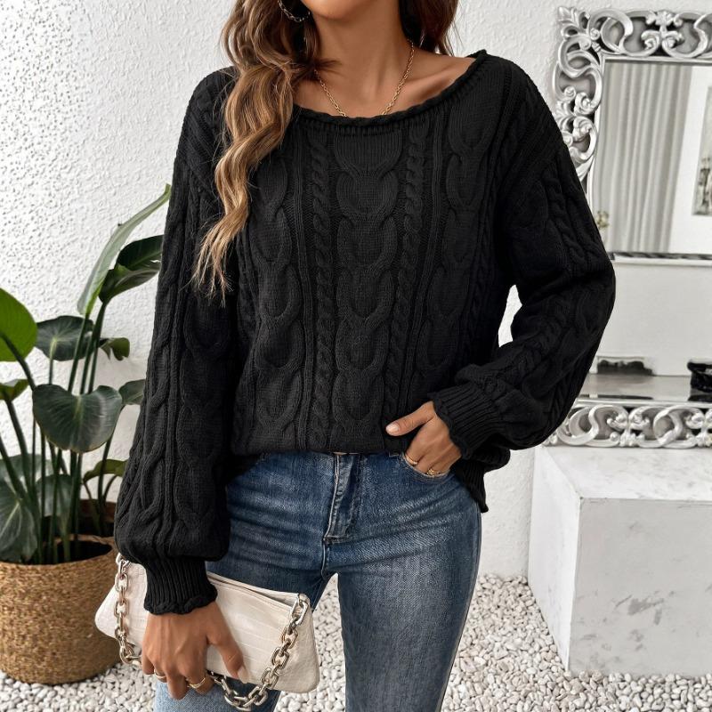 Women Casual Loose Off Shoulder Long Sleeve Cable Knit Pullover Sweater