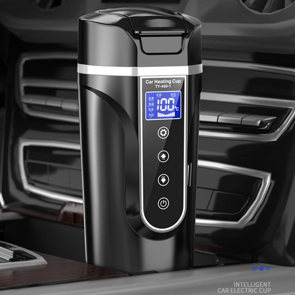 12V/24V 75-90W 450ml LCD Display Vehicle Heating Cup Car Smart Coffee Heat Preservation Touch Screen Travel Electric Thermo Mug