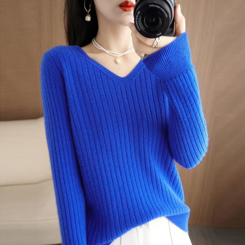 Women Sweater 2023 Autumn Winter Warm Pullover V-neck Stripe Slim Bottoming Shirts Long Sleeve Causal Korean Office Knit Jumper