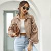 Women's Brown Suede Cropped Jacket Oversized Button-Down Casual Streetwear Coat