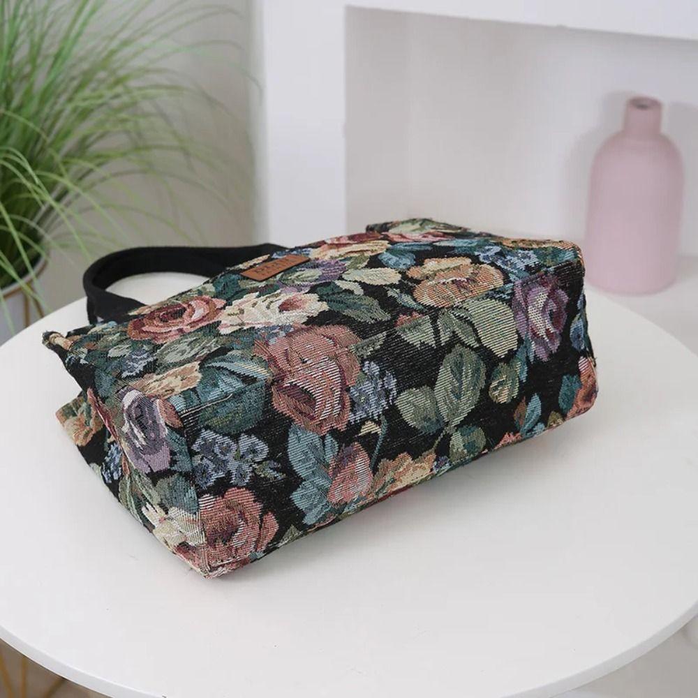Portable Floral Print Women's Tote Bag Canvas Thickened Lunch Bag Large Capacity Zipper Jacquard Handbag