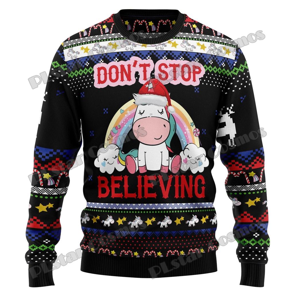 PLstar Cosmos Unicorn Merry Christmas 3D Printed Men's Ugly Christmas Sweater Winter Unisex Casual Knit Pullover Sweater ZZM35