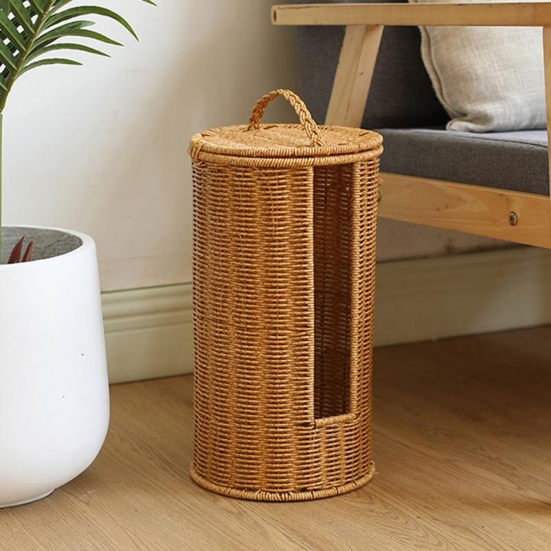 Handgewebter Zylinder Aufbewahrungskorb Badezimmer Organizer für 3 Rollen Toilettenpapier Freistehendes Badregal Dekoration