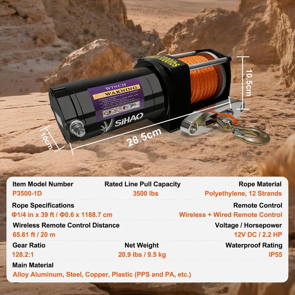 Wyciągarka elektryczna 3500LBS 12V, Wodoodporna IP55 Wyciągarka terenowa do samochodu/ATV/łodzi/przyczepy Lina syntetyczna Wyciągarka 3500LBS
