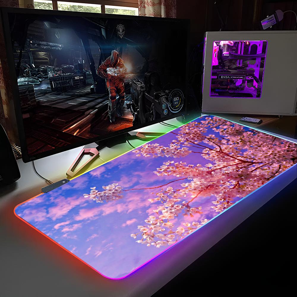 Cherry Blossom Scenery Mouse Pad RGB Backlit Mouse Pad Laptop Mouse Pad Laptop Gamer Computer Desk Gaming Accessories
