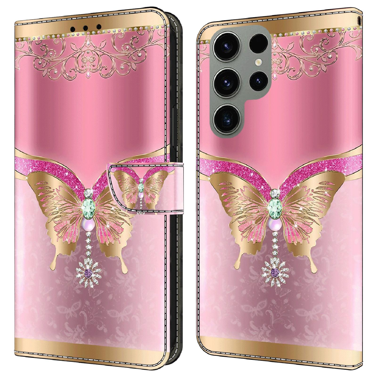

For Samsung Galaxy S23 Ultra 3D Pattern Phone Case PU Leather Wallet Stand Cover Pink/Gold Butterfly