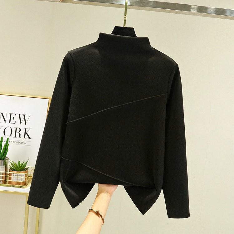Women's Double-Sided Fleece Semi-High Neck Long-Sleeve Korean-Style Autumn/Winter T-Shirt with Double-Stripe Design