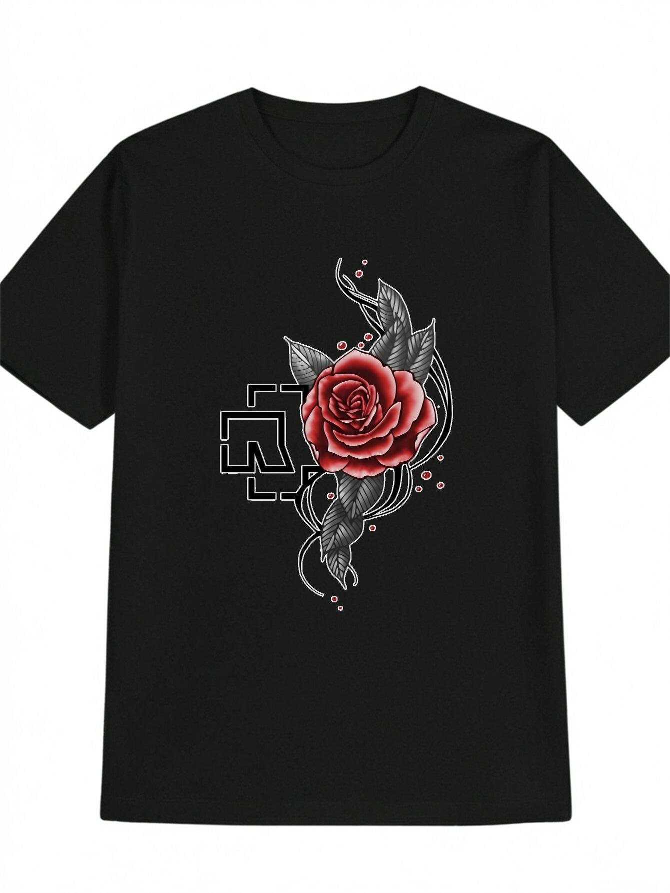 Casual Round Neck T-shirt with Red Rose & Black Leaf Print XXXL