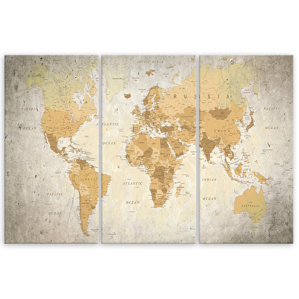 Three Piece Picture Canvas Print World Map Brown