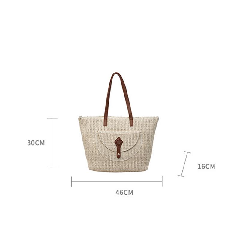 Yogodlns Women's Woven Straw Tote Bag Leather Patchwork Decor Large Capacity Casual Daily Beach Vacation Shoulder Handbag