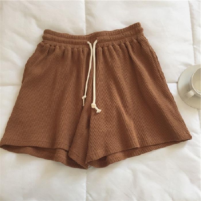 Women's Mid Rise Drawstring Shorts Loose Fit Sweatshorts Waffle Knit Solid Color Casual Wide Leg Three Quarter Summer Sports Shorts