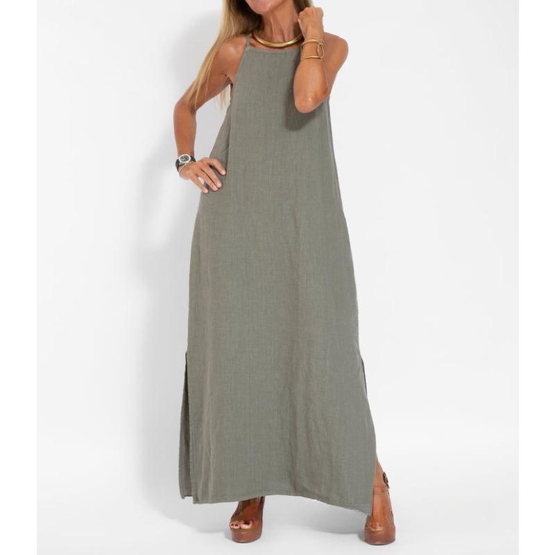 Fashionable and Casual Cotton and Linen Split Suspender Dress