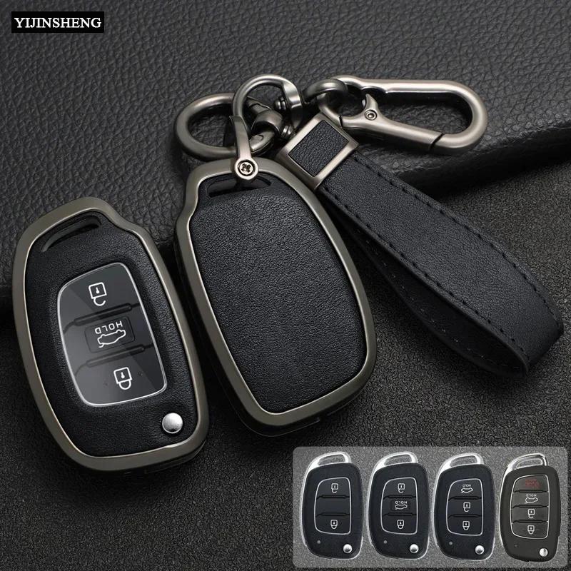 Zinc Alloy + Leather Car Key Case For Hyundai Ix25 Ix35 I10 I20 Solaris Tucson Sonata Santa Sport Elantra Creta Verna -