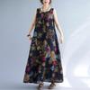 Vestito estivo da donna taglie forti, vintage, largo, stampato, in cotone e lino, scollo rotondo, senza maniche